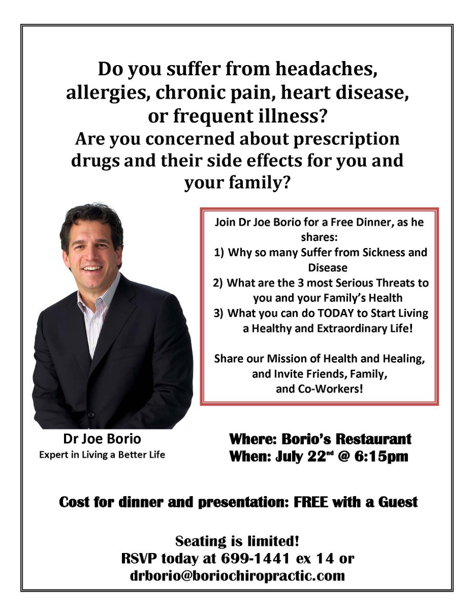 joe_borio's tweet photo. What if a Dinner could Save your Life? 
RSVP today at 699-1441 ex 14 or
drborio@boriochiropractic.com #chiropractic http://t.co/m1xlz1mYol