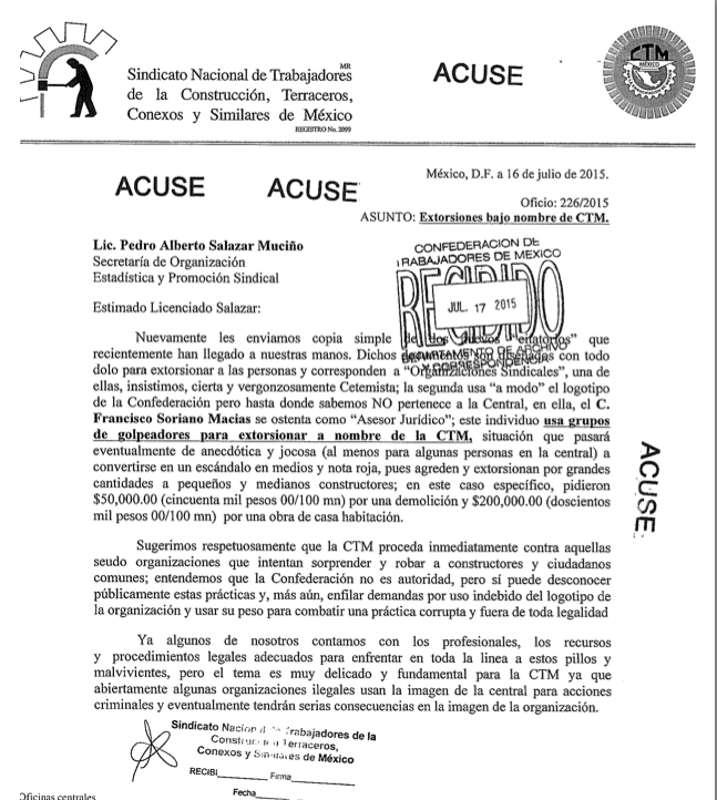 CTMConstruccion's tweet photo. Oficio enviado a @CTM_MX solicitando apoyo contra abuso de #Sindicatos extorsionadores #Denuncie http://t.co/ZxGkYiRCp0