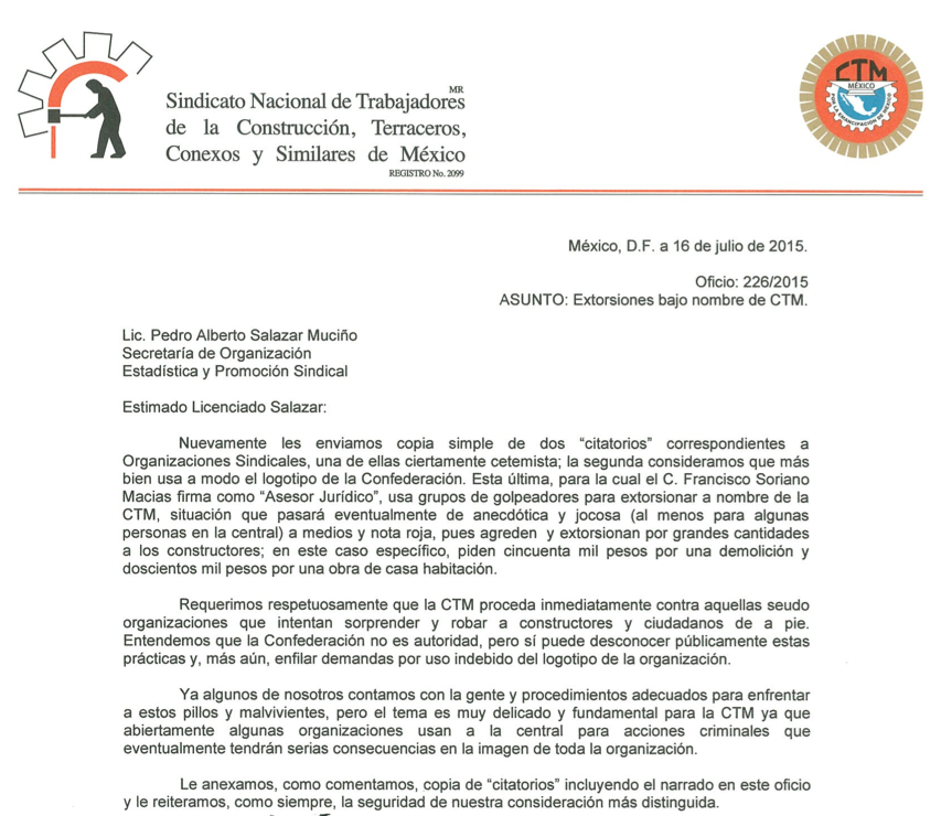 CTMConstruccion's tweet photo. Oficio enviado a @CTM_MX solicitando apoyo contra abuso de #Sindicatos extorsionadores #Denuncie http://t.co/ZxGkYiRCp0
