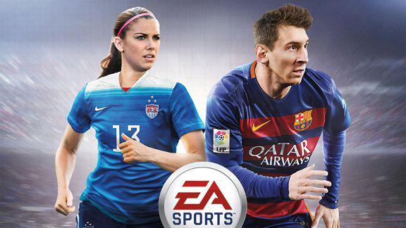 espn's tweet photo. Women are in EA SPORTS FIFA for the 1st time, as @alexmorgan13 shares FIFA 16 cover w/ Messi: http://t.co/i9coxF32rI http://t.co/KBxZqlSX0Y