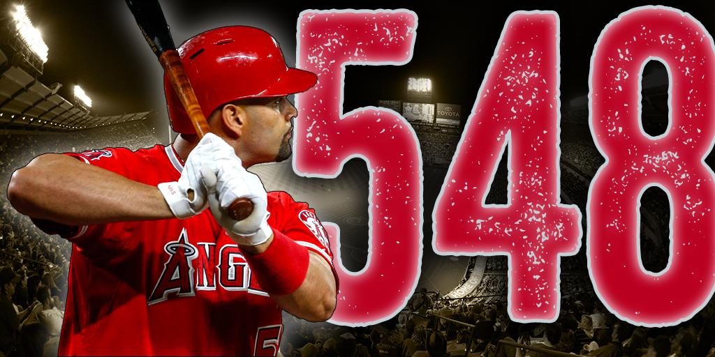 MLB's tweet image. Albert Pujols ties Mike Schmidt for 15th on all-time HR list with his second of the day, 548th of his career.