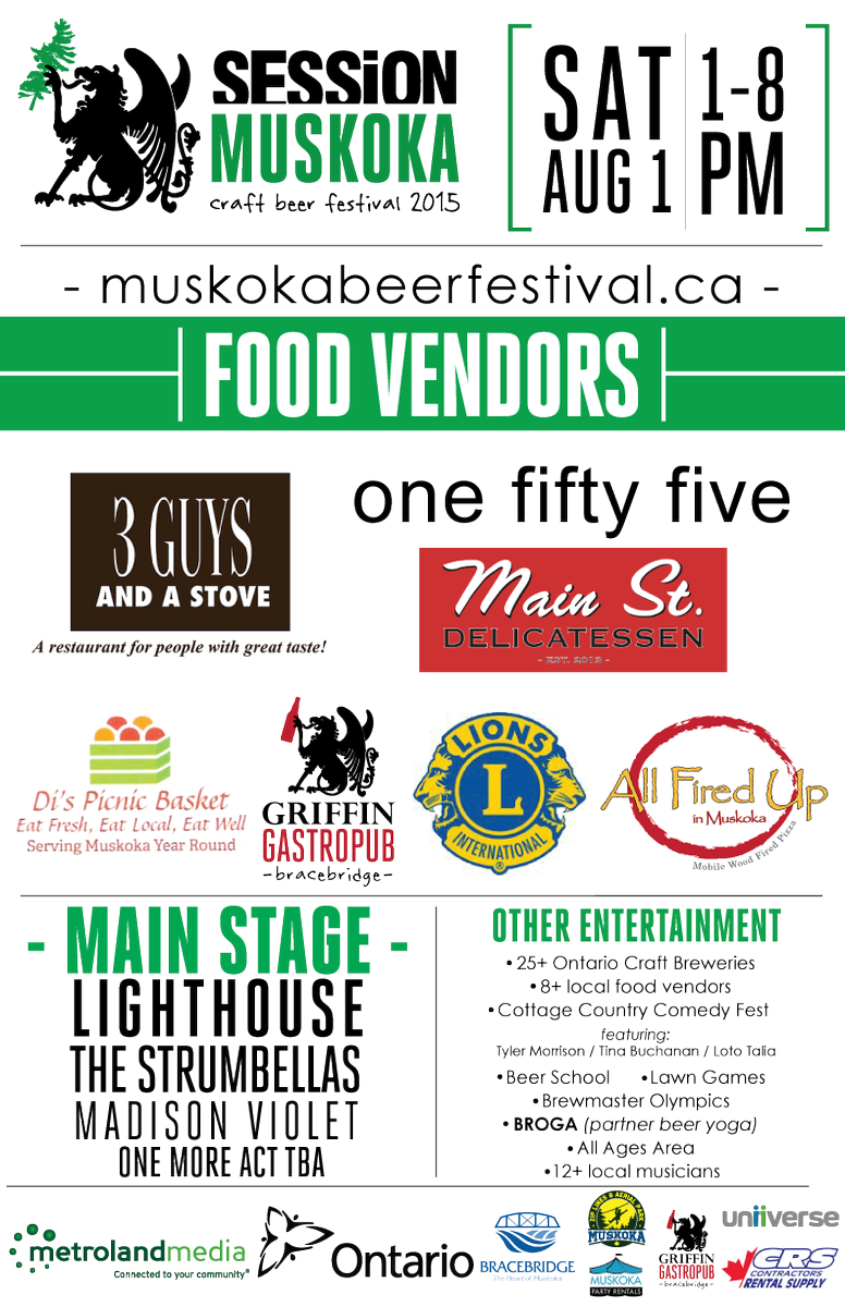 #SessionMuskoka food:<a href="/mainstdeliBB/">Main St. Deli</a> <a href="/OneFiftyFiveRes/">Rickard Clan</a> <a href="/lionsclubs/">Lions International</a> @AFUinMuskoka <a href="/3guysandastove/">3 GUYS And A Stove</a> 
muskokabeerfestival.ca/tickets
