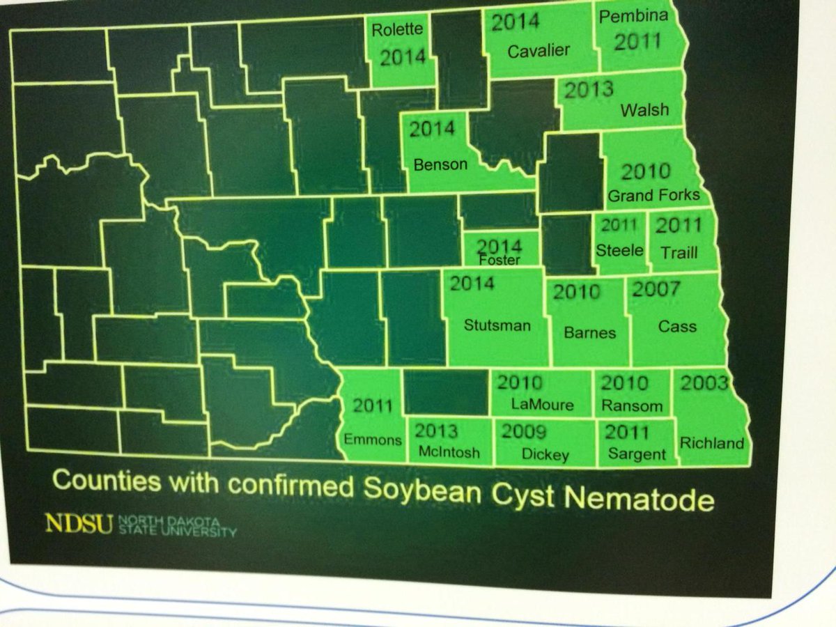 soilecologyUMan's tweet photo. Latest soybean cyst nematode distribution in North Dakota. MB soy growers note carefully! #SON2015 #SONnema2015 http://t.co/EdXasSD97x