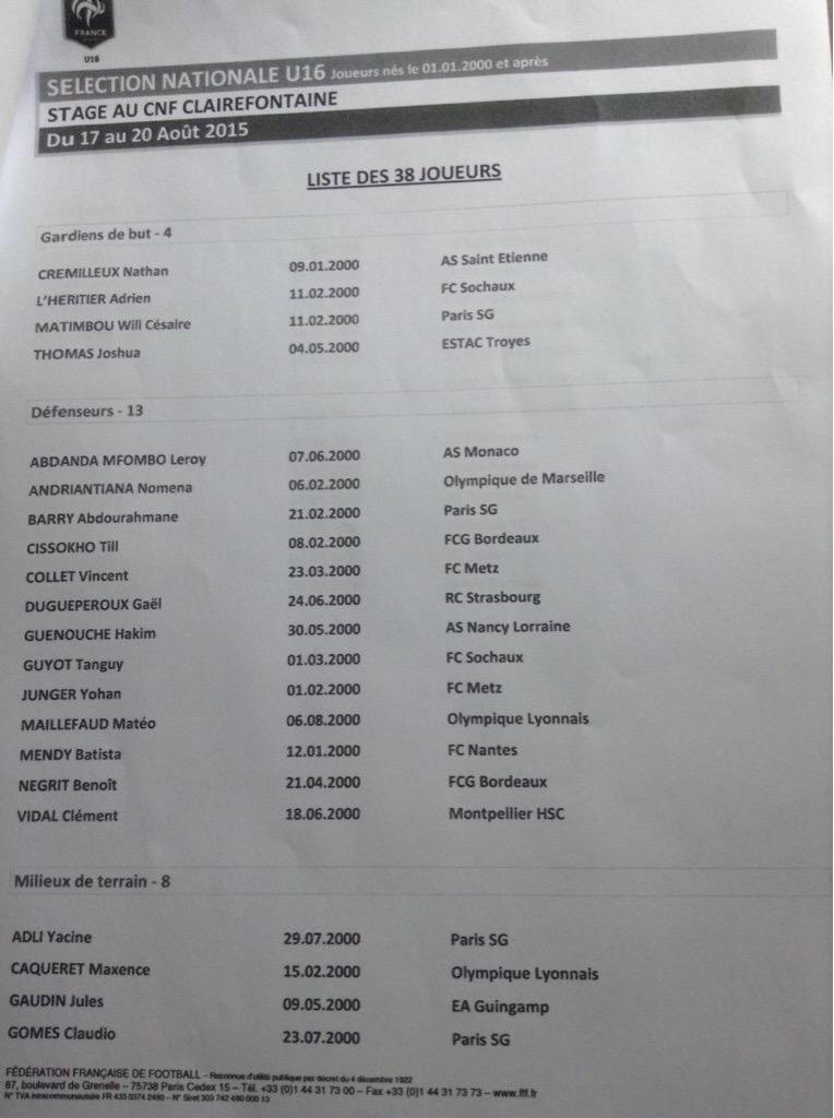 EspoirsduFoot's tweet photo. #InfoEDF : On vous diffuse la liste des 38 sélectionnés pour le stage de l'Equipe de France U16 à Clairefontaine. http://t.co/gQKOwfV1t6