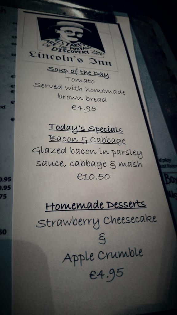 LincolnsInn1's tweet photo. Todays specials have something for everyone #greatfood #lunchoclock #dublin http://t.co/JDepsympCl