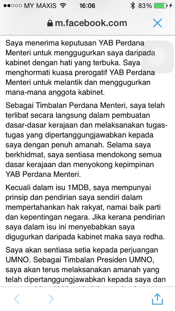 rizalzulkapli's tweet photo. Kenyataan TS @MuhyiddinYassin selepas digugurkan dari kabinet. @501Awani http://t.co/exk1vQA3hK