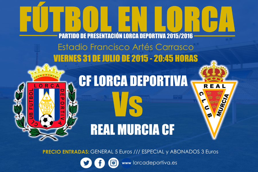 lorcadeportiva's tweet photo. PARTIDO PRESENTACIÓN: #Lorca Deportiva - @realmurciacfsad Viernes 31-  20:45 horas.
#Lorca #HemosVuelto http://t.co/d3zbl3nvbN