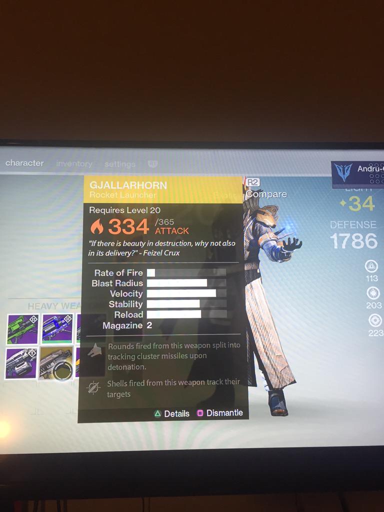 AndresAHE's tweet photo. Only I would get (FINALLY) the Gjallarhorn the day before they nerf it. 😭😭😭 http://t.co/NAwxaY7XpV