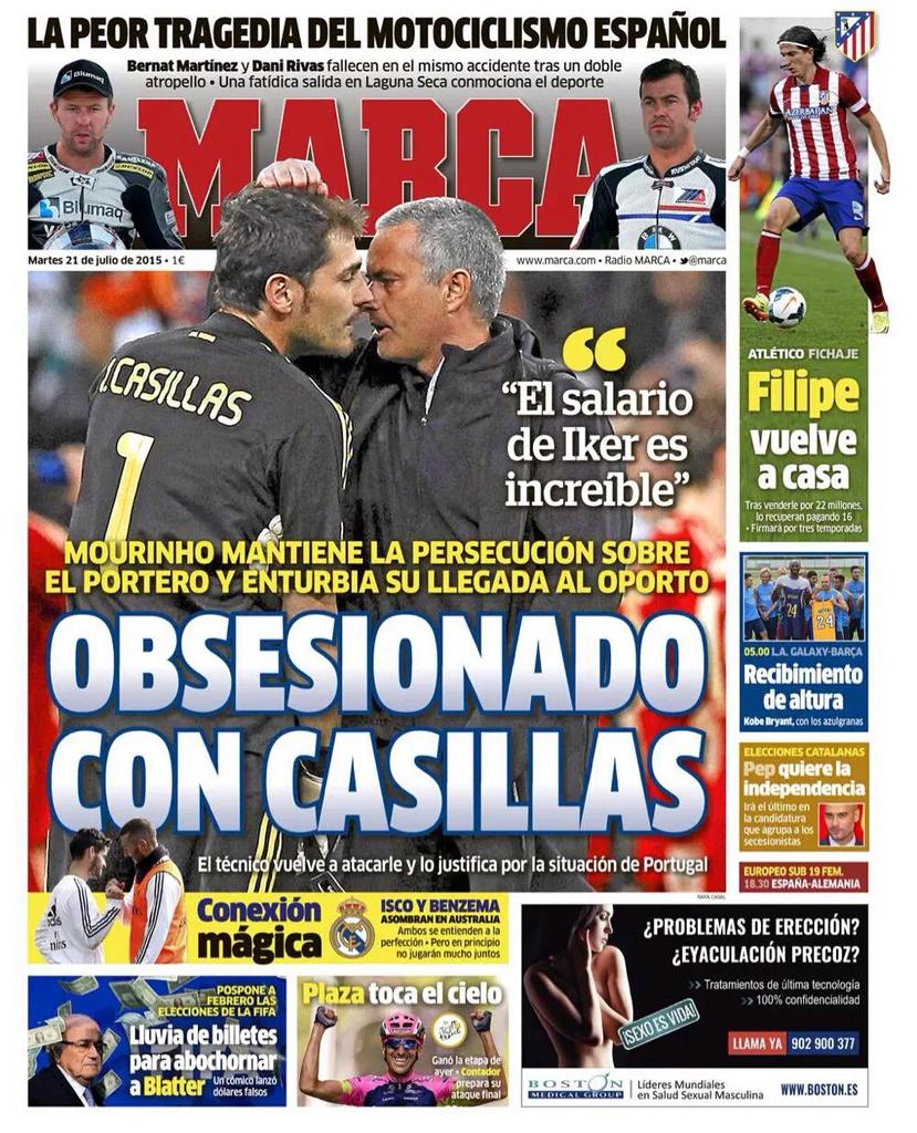 FutboolFichajes's tweet photo. Se mueren 2 españoles en el Mundial de Superbikes y las portadas se la dedican a Mourinho. ¿Quién está obsesionado? http://t.co/PvMJC5eA0g