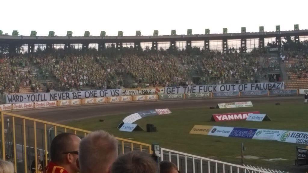 SpottedSpeedway's tweet photo. Some Falubaz made their feelings known on Darcy Ward with this banner yesterday! Pic by @mmmaciekk http://t.co/vjVJeSY2CK