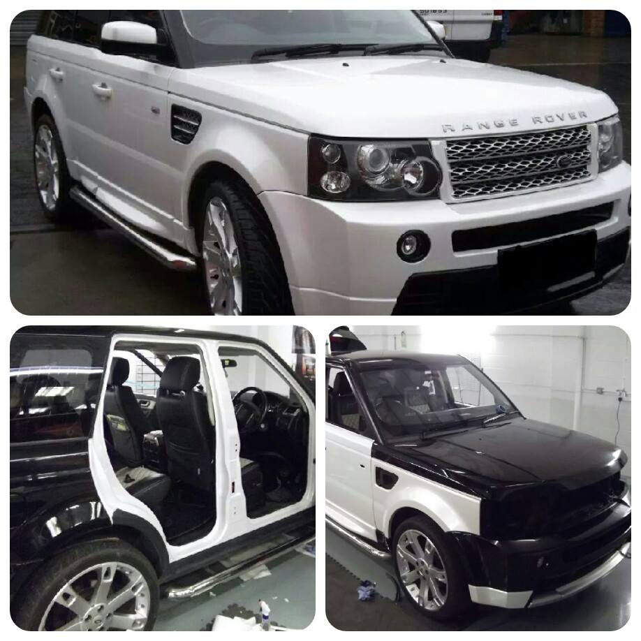 CustomSkinsUK's tweet photo. @RangeRover Sport colour change from Black to vinyl Pearlescent white #wrapped http://t.co/vMmPWNEnYR