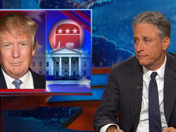 HuffPost's tweet photo. Jon Stewart wasted no time going after his new favorite target: @realDonaldTrump http://t.co/ePVivRKCxg http://t.co/wD4nCtaeXJ