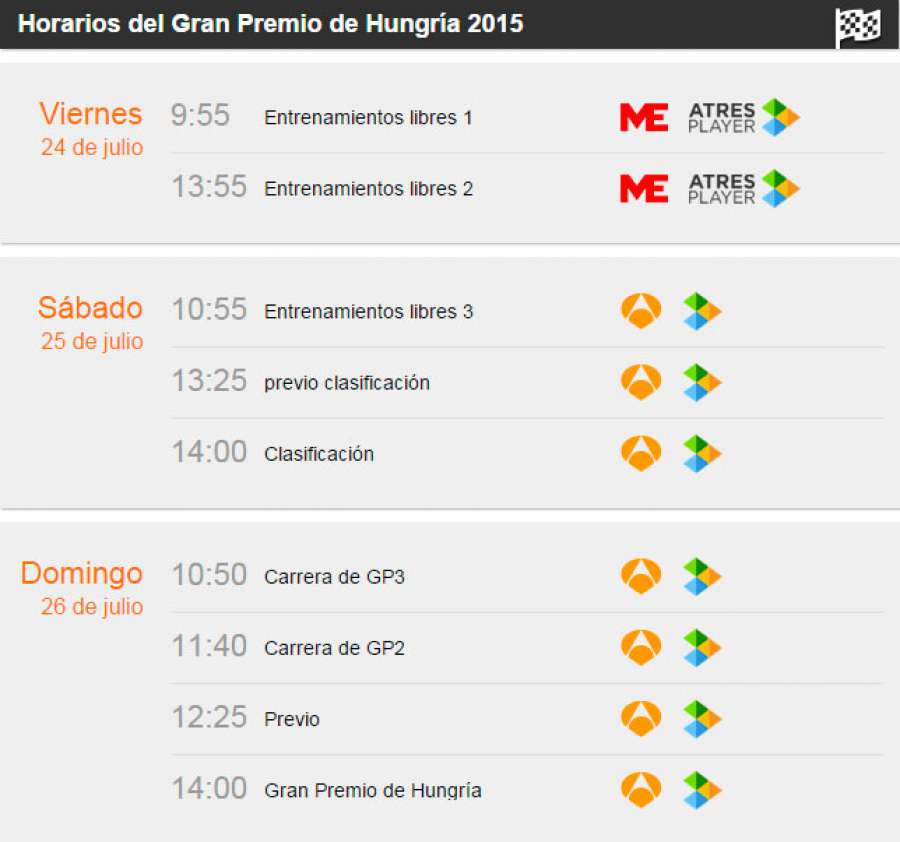 a3formula1's tweet photo. El fin de semana vuelve la F1 en directo a @atresmediacom. Los horarios de #A3F1Hungría http://t.co/b6RpybQ7IS http://t.co/SM1dPzjQ26