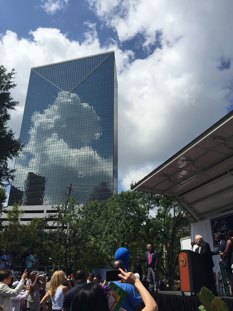 Turner's tweet photo. Spring St. in #Atlanta was renamed Ted Turner Drive today. Ted spoke at the ceremony along with Mayor Kasim Reed. http://t.co/OyFEL1z9LL