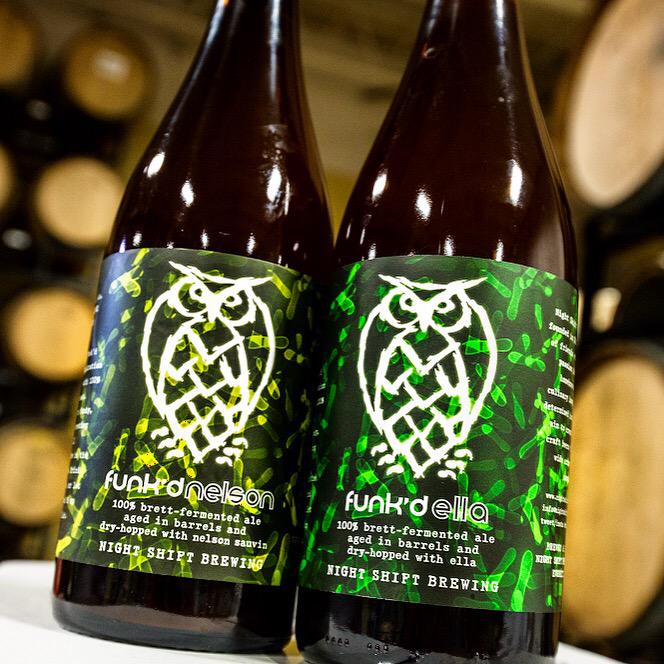 NightShiftBeer's tweet photo. Funk'd Nelson & Funk'd Ella tmrw @ noon! 100% #brettfermented #barrelaged #dryhopped ales; $16/btl, 4 mixed btl limit http://t.co/QRoP2k48f5