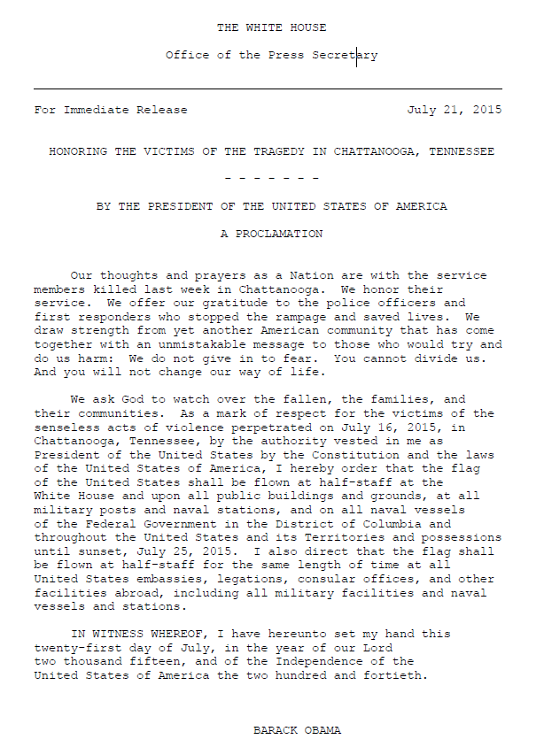 NBCNightlyNews's tweet image. JUST IN: President Obama orders flags flown at half-staff in honor of service members killed in Chattanooga shooting