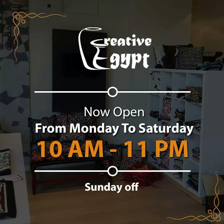 Creativegyptorg's tweet photo. We're Back to Open Daily from Monday to Saturday 10AM-11PM
#Creativegy #Egypt #Art #Designs #NowOpen http://t.co/1MU8KquKJa