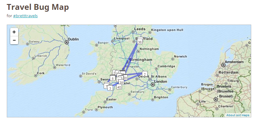 BCL_Lewis's tweet photo. Hi #BizHour thought we would bring you a #bretttravels update, he has travelled 645 miles so far! #chirp #geocaching http://t.co/mQGguC5ocQ