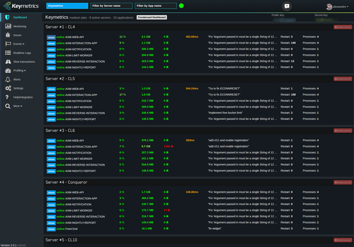 keymetrics_io's tweet photo. Condensed Dashboard, Realtime log streaming, performance enhancement, welcome to Keymetrics v2! #nodejs #pm2 http://t.co/GBQqhQURGG