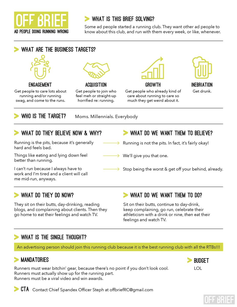 offbriefrunning's tweet image. Hey #advertising folks - here's your OFFICIAL BRIEF. Share with all who are interested. #running #Toronto #adlife