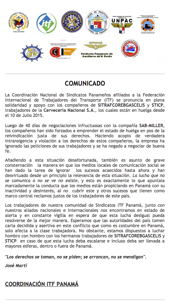 UNPACPANAMA's tweet photo. #UNPAC Comunicado en apoyo a trabajadores de Cervecería Nacional, S.A. http://t.co/FNoDslfzBK