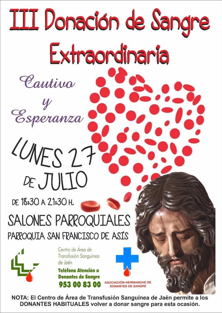 III Donación de Sangre Extraordinaria organizada por nuestro Grupo Pro-Hermandad. Lunes 27 de 18:30 a 21:30.
