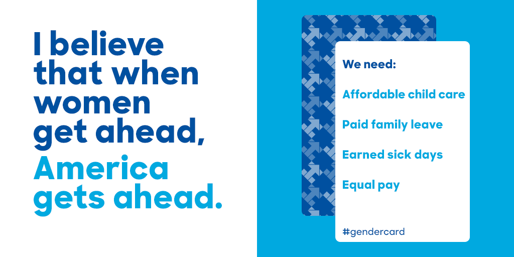 HillaryClinton's tweet photo. If fighting for policies that help families get ahead is playing the #gendercard—well then, proud to play it. http://t.co/xAbEyfNtka