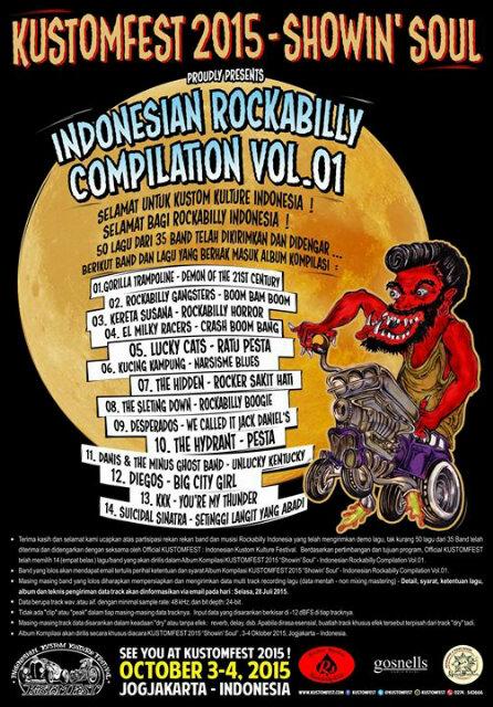 Ini daftar band dan lagu yang lolos seleksi INDONESIAN ROCKABILLY COMPILATION VOL.1. Let's Roll Out! <a href="/kustomfest/">KUSTOMFEST</a>