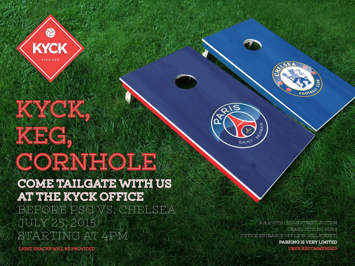 KYCKinc's tweet photo. Don't forget to join us at KYCK HQ this Saturday for a #Chelsea v #PSG tailgate @IntChampionsCup #Charlotte http://t.co/J0WtncyjLi