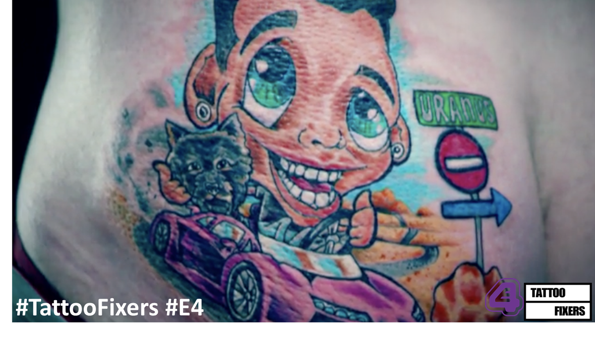 <a href="/sketchreppinink/">Sketch reppin ink</a> has transformed Chris’s cheeky homemade tat into this cartoon comedy piece #TattooFixers #URANUS