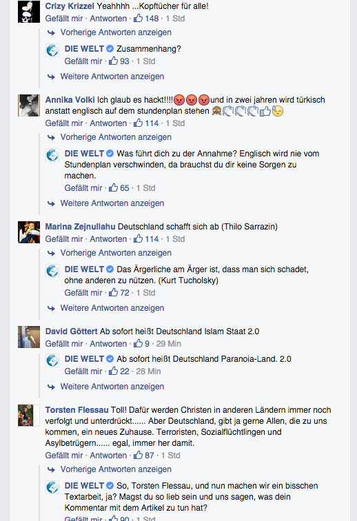 Das <a href="/WELT/">WELT</a> Social-Media-Team stellt sich an die vorderste Front gg xenophobe Deppen. Mit Stil. (z.B.: Islamunterricht)