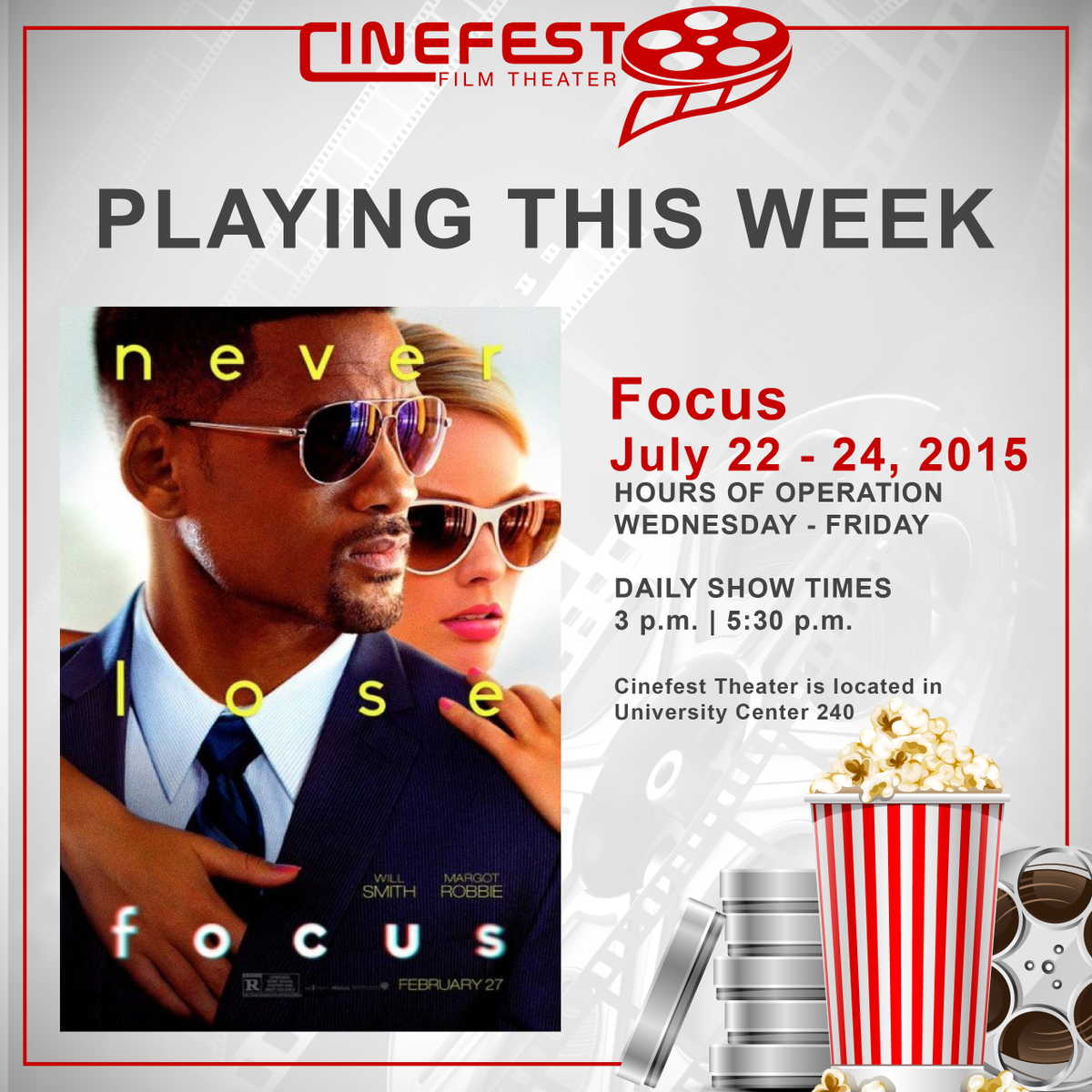 GSUCinefest's tweet photo. 'Focus' is playing this week at Cinefest! http://t.co/Rn4YbvPdKl