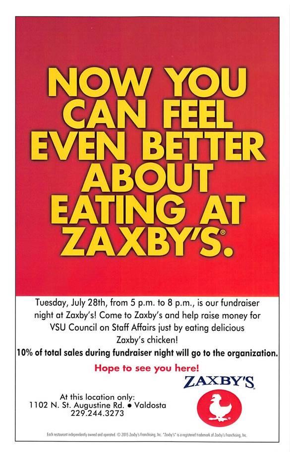 Vstatenews's tweet photo. Support VSU's Council on Staff Affairs (COSA) by eating at Zaxby's from 5 p.m. to 8 p.m. on Tuesday, July 28. http://t.co/USYFflWSIx