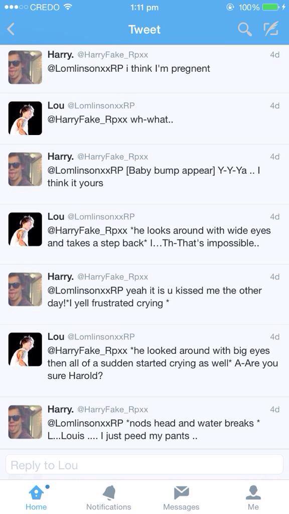 StupidRoleplays's tweet photo. Bruh.. Louis got Harry pregnant... I guess Directioners are gonna explode the internet. http://t.co/yXKwpD9vF4