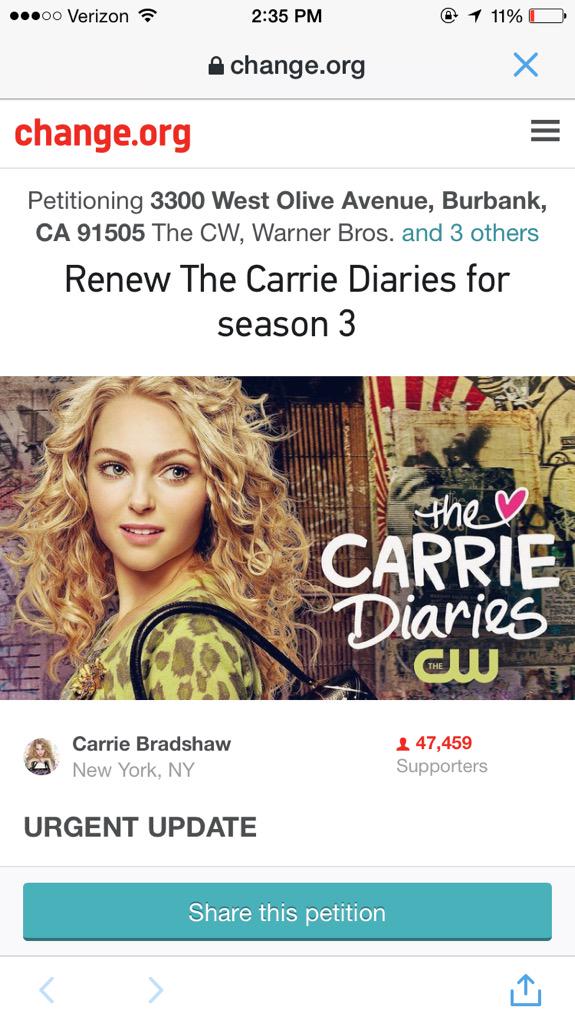 bringbacktcd's tweet photo. @CandaceBushnell looks at the number of supporters! #BringTheCarrieDiariesBack http://t.co/GK2XKkvjWr