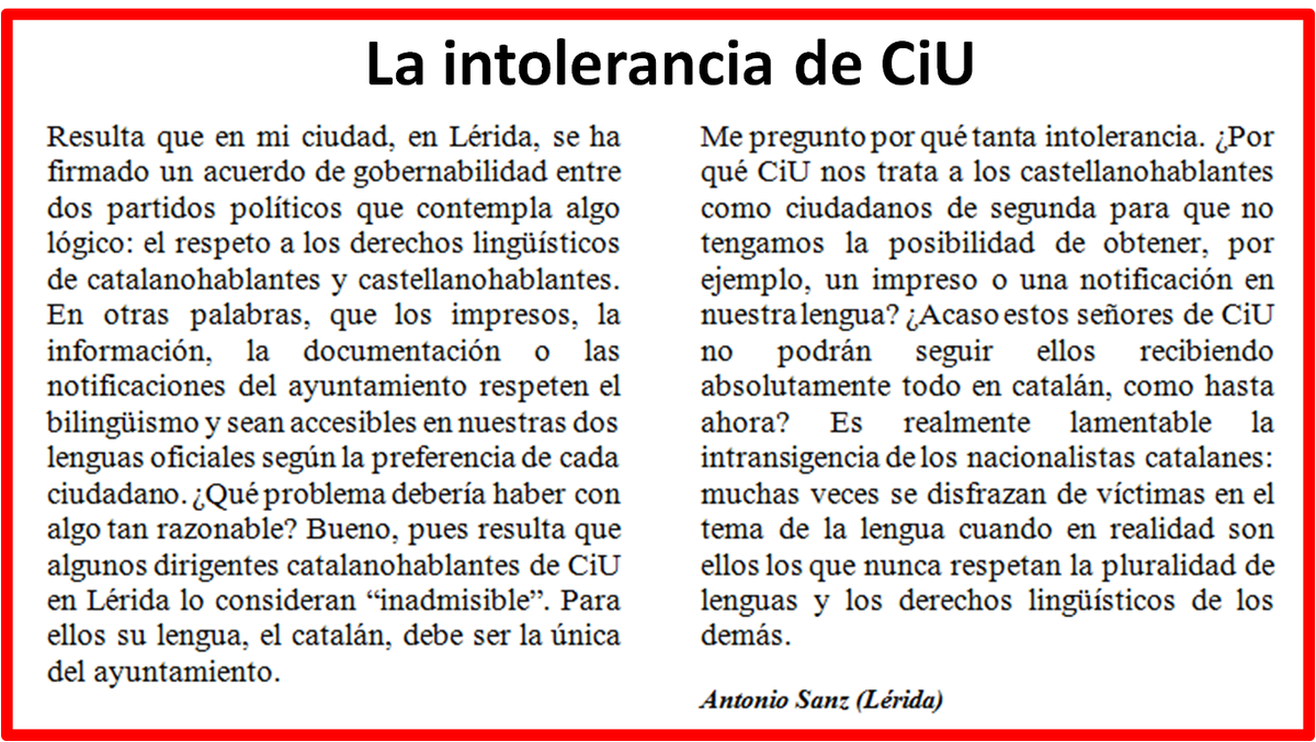 CCivicaCatalana's tweet photo. Gran carta al director de este leridano. Contra la intolerancia de CiU y su desprecio a los castellanohablantes. http://t.co/DK7b8oxOSD