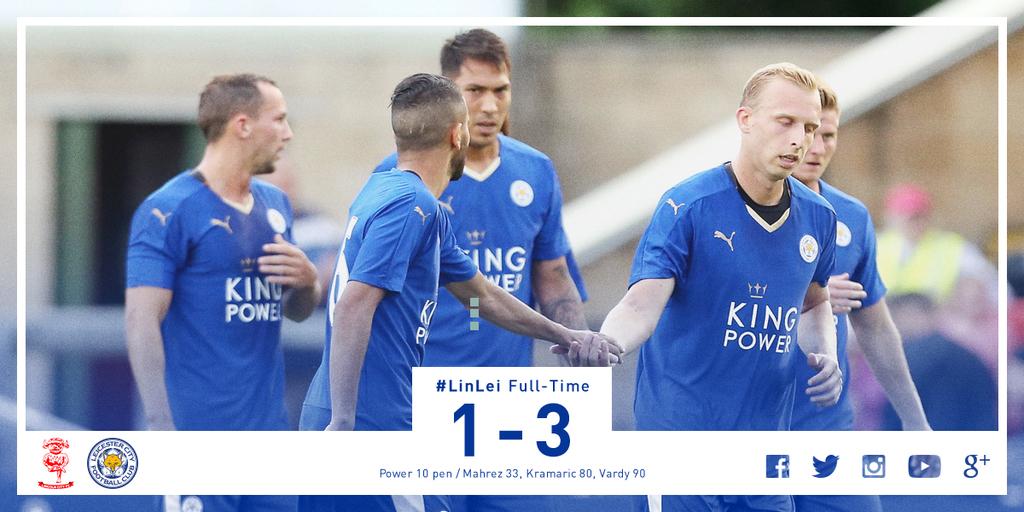 LCFC's tweet photo. FT: Goals from Mahrez, Kramaric and Vardy hand #lcfc victory in their pre-season opener at Lincoln City #LinLei http://t.co/xhuuq9I4F2