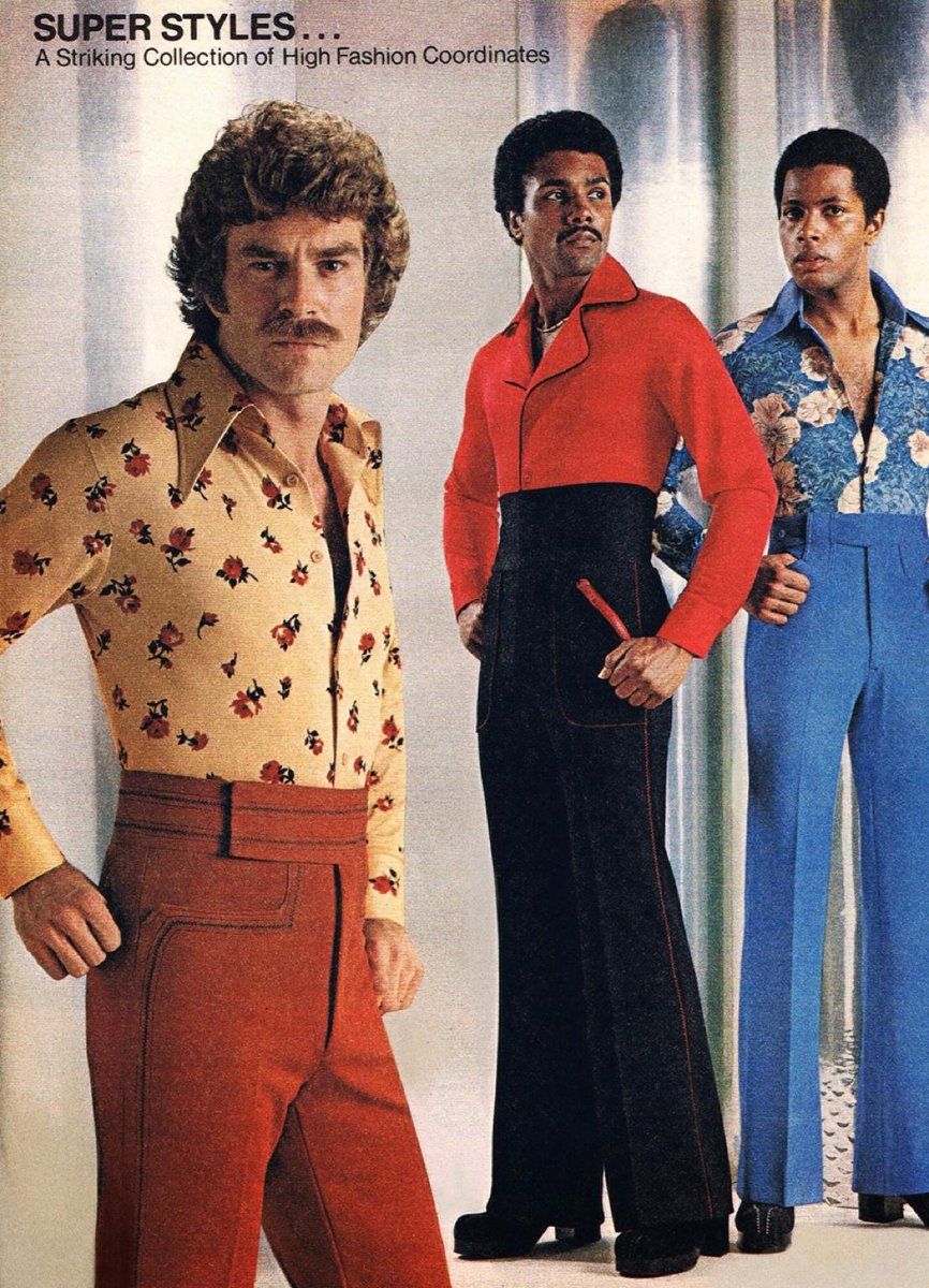 Mark Pahlow on X: 1970s High Fashion: bellbottoms, high waist, giant  collar, platform shoes, chest hair, mustache & that look.   / X