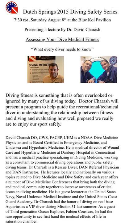 mfolan's tweet image. Please join Dr. Charash on August 8th at Dutch Springs (PA) He will be presenting a lecture - Assessing Dive Fitness.