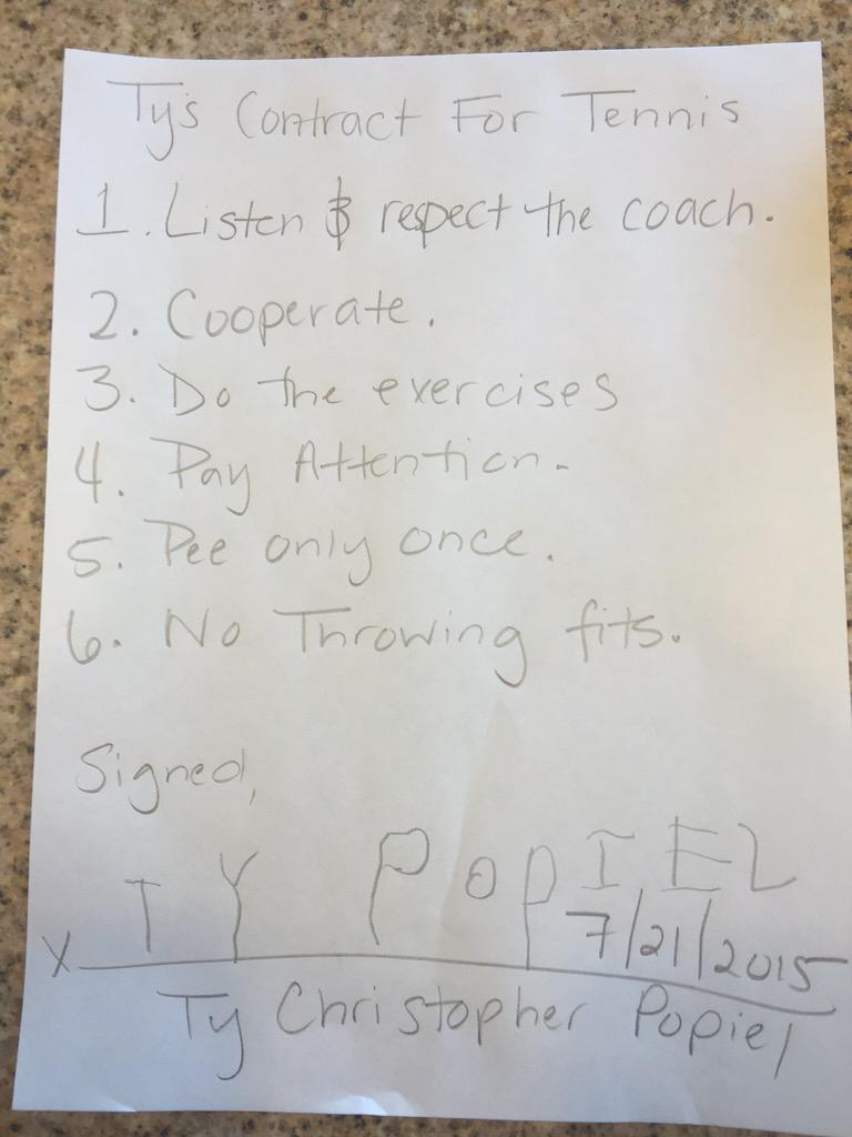 KJPulvermacher's tweet image. Negotiating good behavior with the 5 YO. No.5 was a major sticking point in negotiations. #tennis  #smallbladder