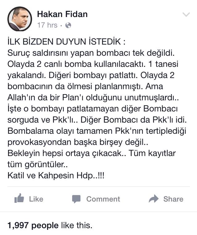 ateist_hatun's tweet photo. AKP bu kez çok hazırlıklı. Senaryolar çok güzel kurgulanmış, çalışılmış. Bakın Hakan Fidan ne diyor.. http://t.co/tdrm4IQOJ8