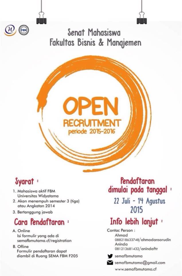Open Recruitment kepengurusan Senat Mahasiswa FBM untuk angkatan 2014.

semafbmutama.cf/registration

@semafbmutama