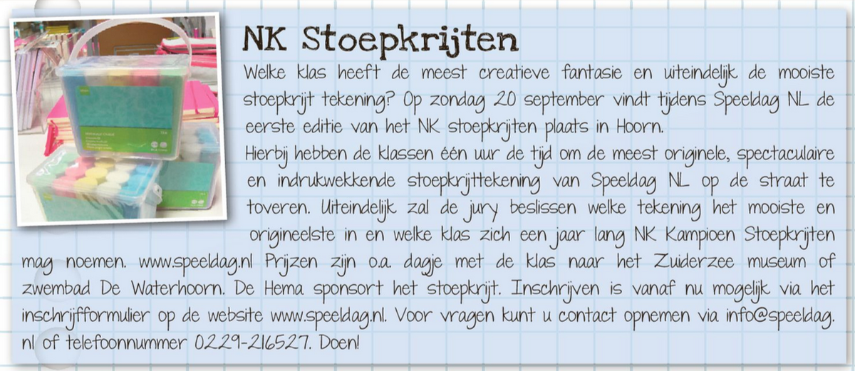 #NKstoepkrijten 20 september tijdens de #Speeldag in #hoorn! Doet jouw klas al mee?