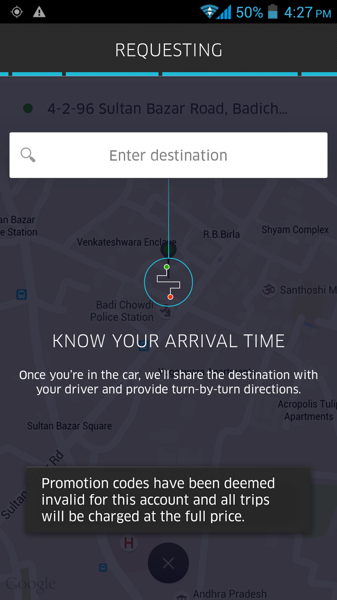 deep152629's tweet photo. @Uber_HYD every tym i try to book a ride it says Promotion codes have been deemed invalid and ride is fully charged http://t.co/9FjZsYG2aS