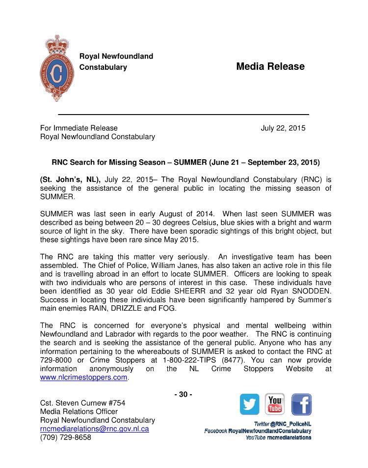 RNC_PoliceNL's tweet image. **MEDIA RELEASE** RNC Search for Missing Season: #SUMMER #nlwx #nltraffic @ryansnoddon @EddieSheerr