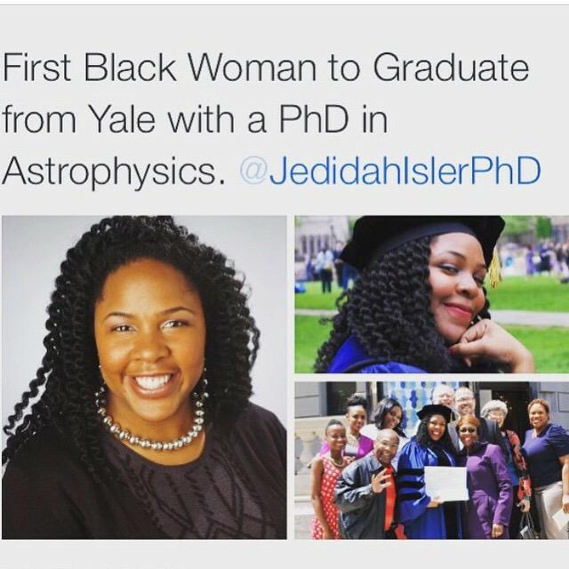 Bipartisanism's tweet image. JUST IN:
Congrats to the first black women to graduate from @Yale with a PhD in Astrophysics. RT to congratulate her.