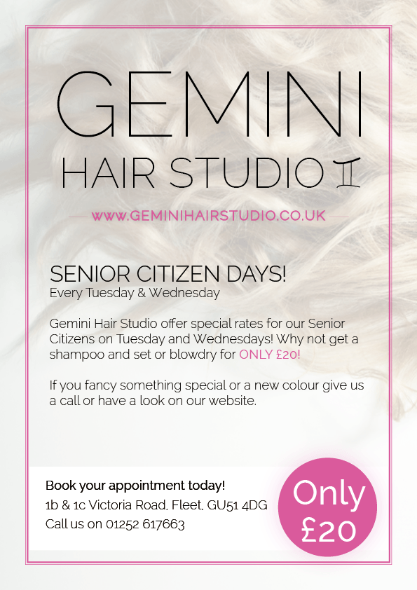 Gemini love Senior Citizens! We love them that much we give them a special deal on Tuesday… geminihairstudio.wordpress.com/2015/07/22/gem…