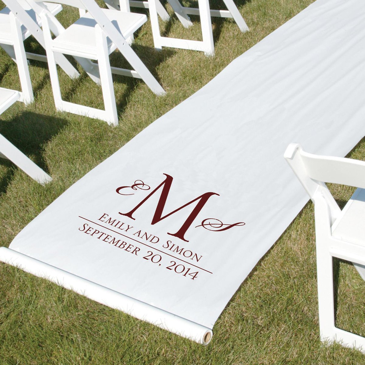 useprintflow's tweet image. White, durable rayon aisle runner with monogram, names and date design and pull cord. Adhesive strip at top of runner