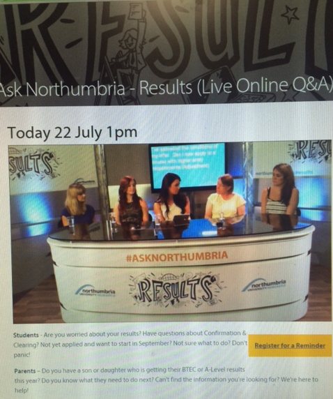 NUstudents's tweet image. Clearing and Confirmation Question and Answer session is live NOW! #AskNorthumbria Watch at socsi.in/5pC6V