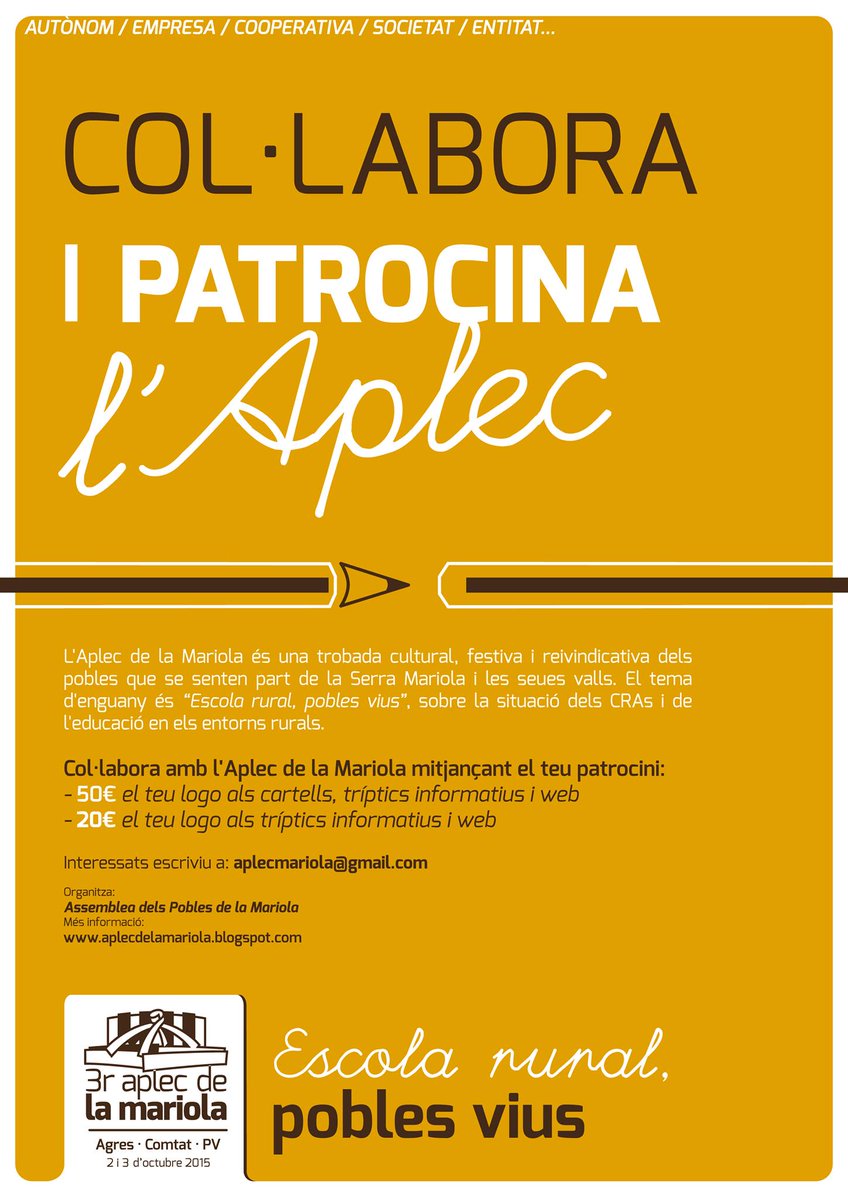 Si voleu fer possible el 3r #AplecDeLaMariola,
una manera de col·laborar-hi és amb el patrocini
Mariolegem entre tots